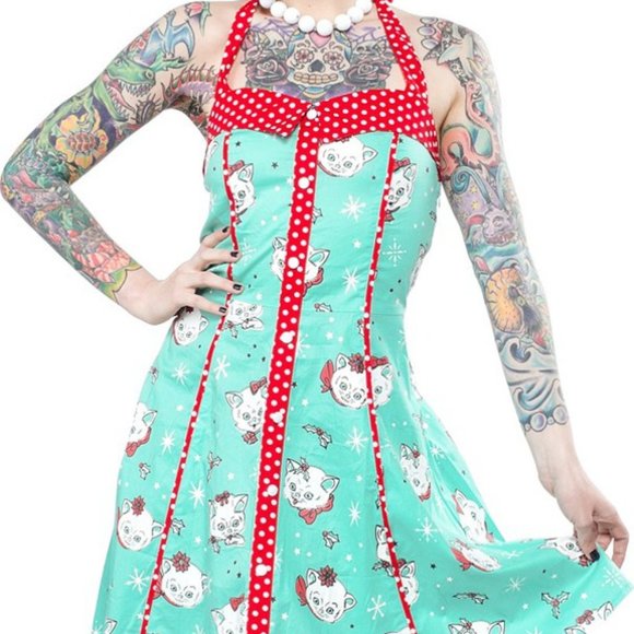 Sourpuss Clothing Retro 1950s Christmas Kitties Peggy Dress Multiple Sizes Cats - Picture 1 of 4